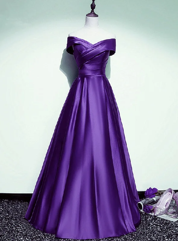 Purple Satin Off Shoulder A-line Long Party Dress, Floor Length Junior Prom Dress Pleated Skirt Elegant Purple Satin Off Shoulder A-line Long Party Dress, Floor Length Junior Prom Dress Pleated Skirt Elegant
