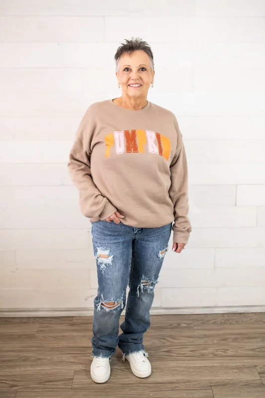 Pumpkin Fall Sweatshirt-Tan Hoodie with Ribbed Neckline Snug Warm