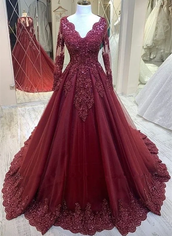 Burgundy V-neckline Tulle Long Sleeves with Lace Prom Dress, Burgundy Wedding Party Dress Tunics Favorite customer Burgundy V-neckline Tulle Long Sleeves with Lace Prom Dress, Burgundy Wedding Party Dress Tunics Favorite customer