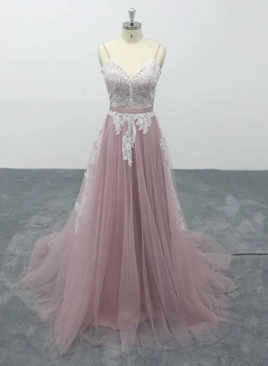 Pink Tulle V-Neck Spaghetti Straps Bridal Gown, Floor-Length A-line Wedding Party Dress Formal Dress Tunics Practical easy-care Pink Tulle V-Neck Spaghetti Straps Bridal Gown, Floor-Length A-line Wedding Party Dress Formal Dress Tunics Practical easy-care