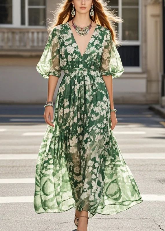 French Tea Green V Neck Print Chiffon Party Dress Summer Boat Neckline Classic