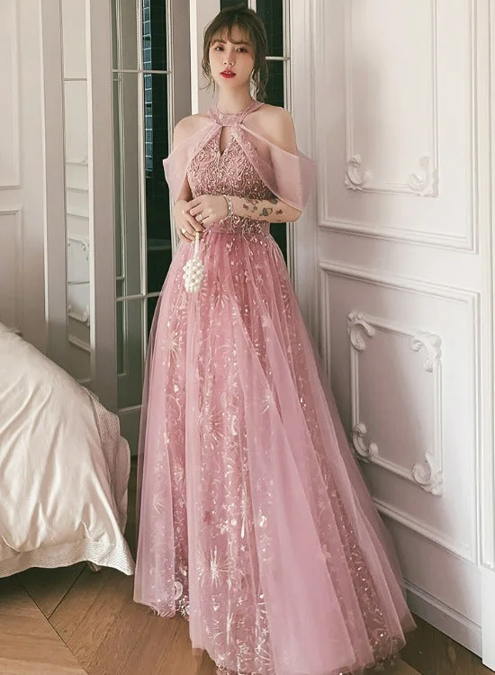 Pink Tulle A-line Long Formal Dresses, Pink High Neckline Party Dresses Prom Dresses High-Low Hemline Casual Pink Tulle A-line Long Formal Dresses, Pink High Neckline Party Dresses Prom Dresses High-Low Hemline Casual
