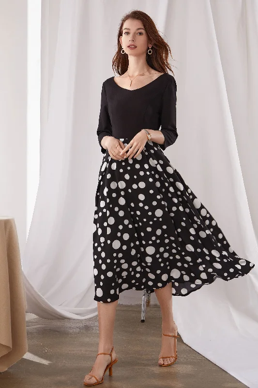Black With White Midi Swing Dress 3379# Tunics Fashionable chic