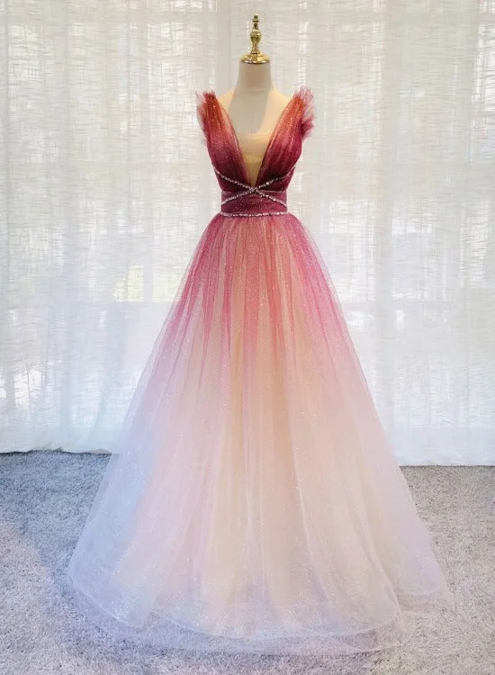Red and White Gradient Tulle Deep V-neckline New Style Party Dress, Red Long Prom Dress Tunics Chic fashionable Red and White Gradient Tulle Deep V-neckline New Style Party Dress, Red Long Prom Dress Tunics Chic fashionable