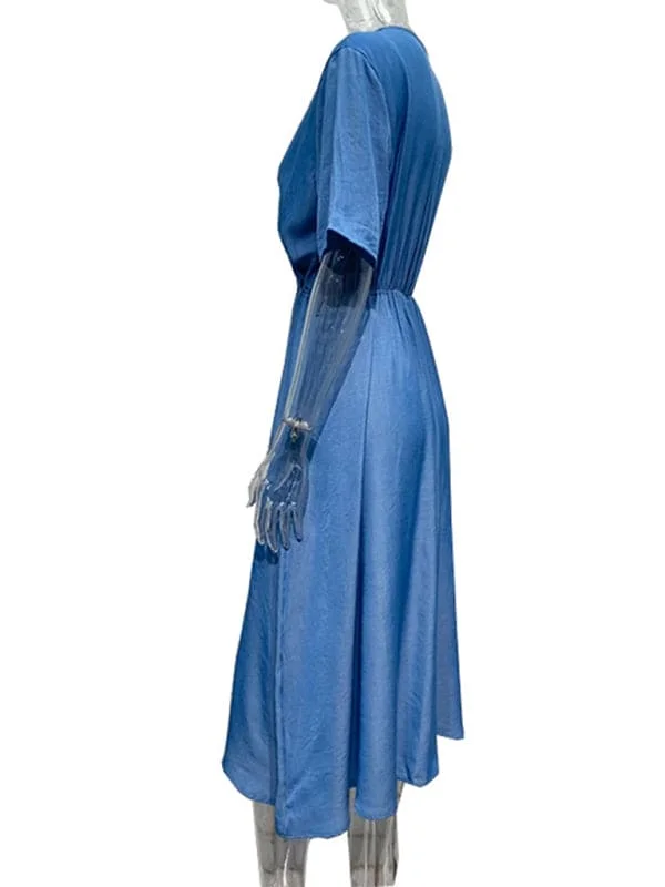 Women's short-sleeved V-neck waist solid color high-end dress without belt Tunics Satin smooth