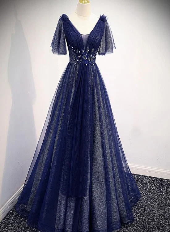 Navy Blue V-neckline Long Tulle Party Dress with Sleeves, Blue Bridesmaid Dresses Party Dress Satin Halter Glamorous Navy Blue V-neckline Long Tulle Party Dress with Sleeves, Blue Bridesmaid Dresses Party Dress Satin Halter Glamorous