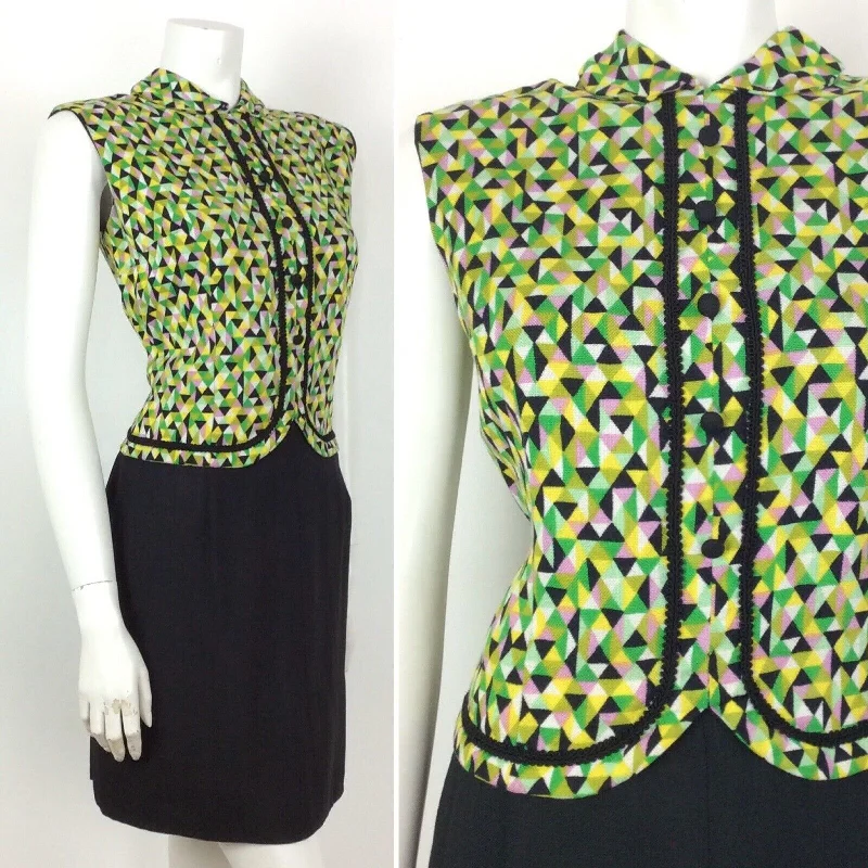 VTG 60S BLACK GREEN PINK YELLOW GEOMETRIC MOD DRESS 12 Tunics Print Colorful