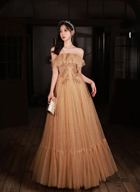 Champagne Scoop Tulle with Lace Applique Long Party Dress, A-line Prom Dress Tunics Modern contemporary