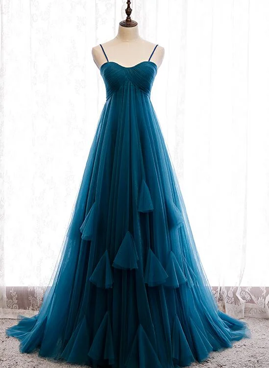 Beautiful Teal Blue Tulle Straps Long High Waist Prom Dress, Blue Evening Party Dresses Tunics Floral girly Beautiful Teal Blue Tulle Straps Long High Waist Prom Dress, Blue Evening Party Dresses Tunics Floral girly