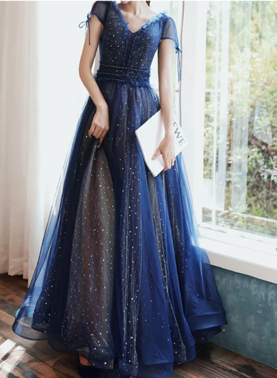 A-line Tulle Navy Blue Long Evening Dress, V Neck Banquet Dress Short Sleeve Party Dresses Tunics Handmade artisanal A-line Tulle Navy Blue Long Evening Dress, V Neck Banquet Dress Short Sleeve Party Dresses Tunics Handmade artisanal