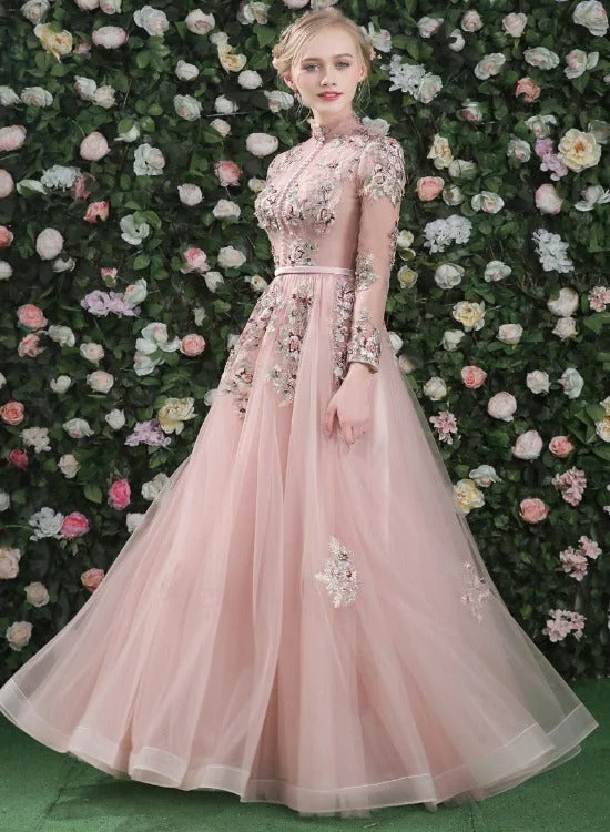 Pink Floral Lace Long Sleeves Tulle A-line Prom Dress, Pink Bridesmaid Dress Party Dresses Tunics Office stylish Pink Floral Lace Long Sleeves Tulle A-line Prom Dress, Pink Bridesmaid Dress Party Dresses Tunics Office stylish