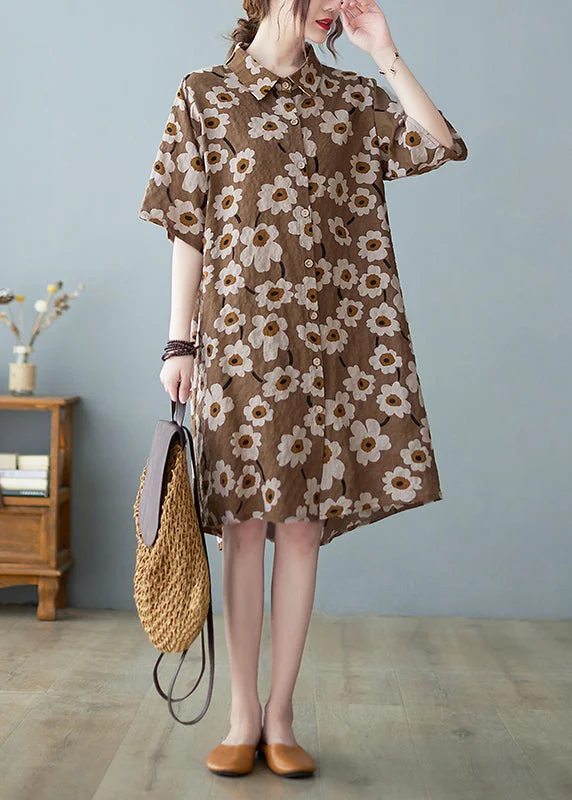 Modern coffee Button Stand Collar Floral Print Party Dress Half Sleeve Pencil Length Work Modern coffee Button Stand Collar Floral Print Party Dress Half Sleeve Pencil Length Work