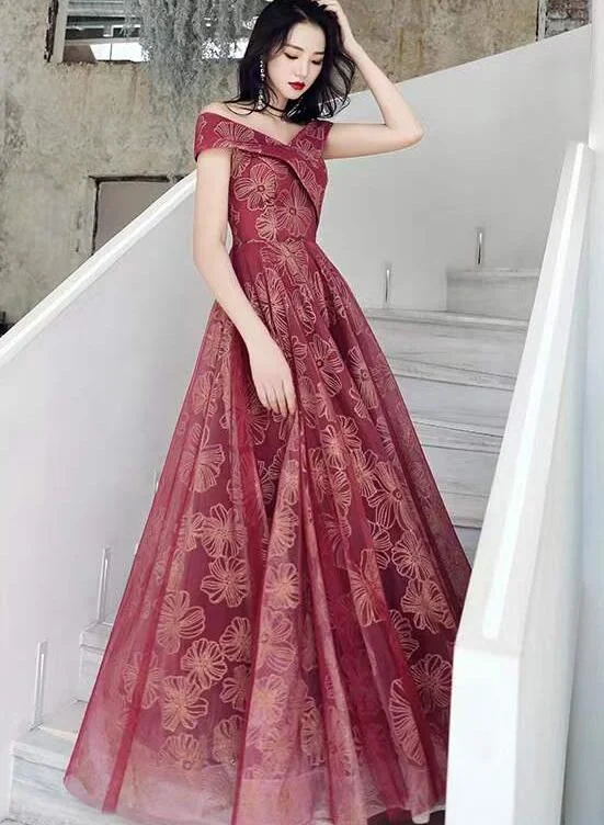 Off Shoulder Sweetheart Wine Red Tulle with Lace Party Dress, Dark Red Long Prom Dress Tunics Sale discount Off Shoulder Sweetheart Wine Red Tulle with Lace Party Dress, Dark Red Long Prom Dress Tunics Sale discount