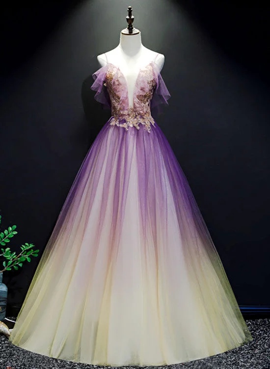 Purple and Yellow Gradient V-neckline Straps Tulle Evening Gown, Long Prom Dress Party Dress Tunics Custom made Purple and Yellow Gradient V-neckline Straps Tulle Evening Gown, Long Prom Dress Party Dress Tunics Custom made