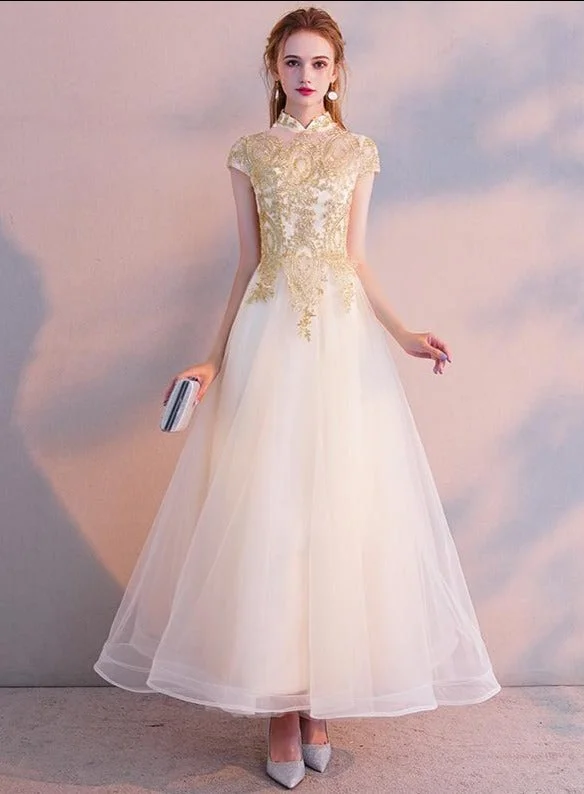 Light Champagne Cute Tulle High Neckline with Gold Lace, Lovely Long Party Dresses Formal Dresses Tunics Hiking breathable Light Champagne Cute Tulle High Neckline with Gold Lace, Lovely Long Party Dresses Formal Dresses Tunics Hiking breathable