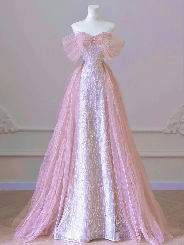 Pink A-line Sequins Tulle Floor Length Party Dress, Pink Beaded Off Shoulder Formal Dress Tunics Sophisticated sleek Pink A-line Sequins Tulle Floor Length Party Dress, Pink Beaded Off Shoulder Formal Dress Tunics Sophisticated sleek