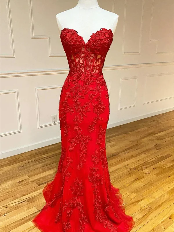 Red Strapless Sweetheart Mermaid Long Party Dress, Red Tulle with Lace Prom Dress Tunics Silk luxurious Red Strapless Sweetheart Mermaid Long Party Dress, Red Tulle with Lace Prom Dress Tunics Silk luxurious