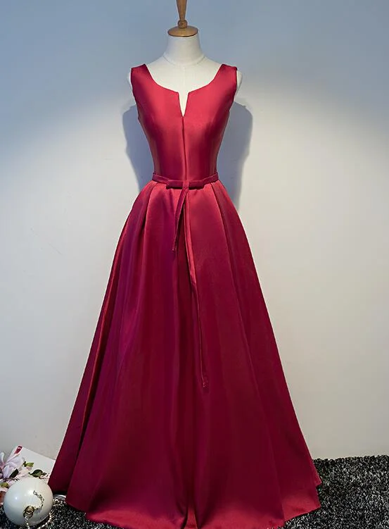 Wine Red Satin Floor Length Lace-up Long Prom Dresses, Dark Red Party Dresses Tunics Cozy comfortable