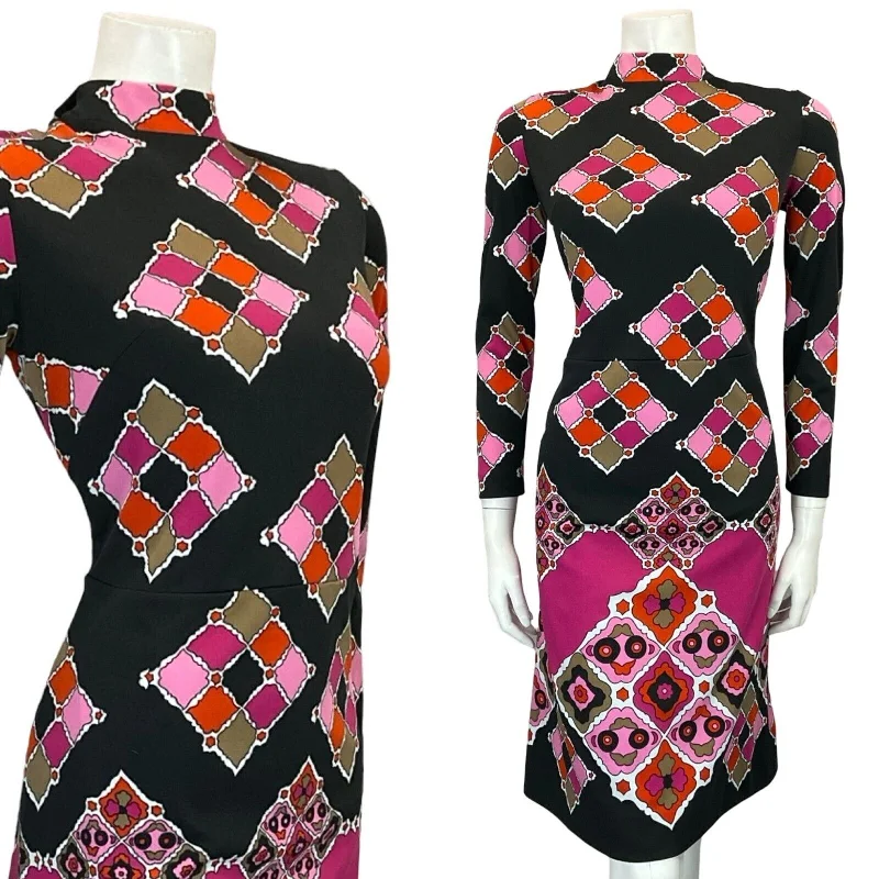 VTG 60S MOD GOGO BLACK PINK RED PSYCHEDELIC TILED GEOMETRIC SHIFT DRESS 10 Tunics Sale discount