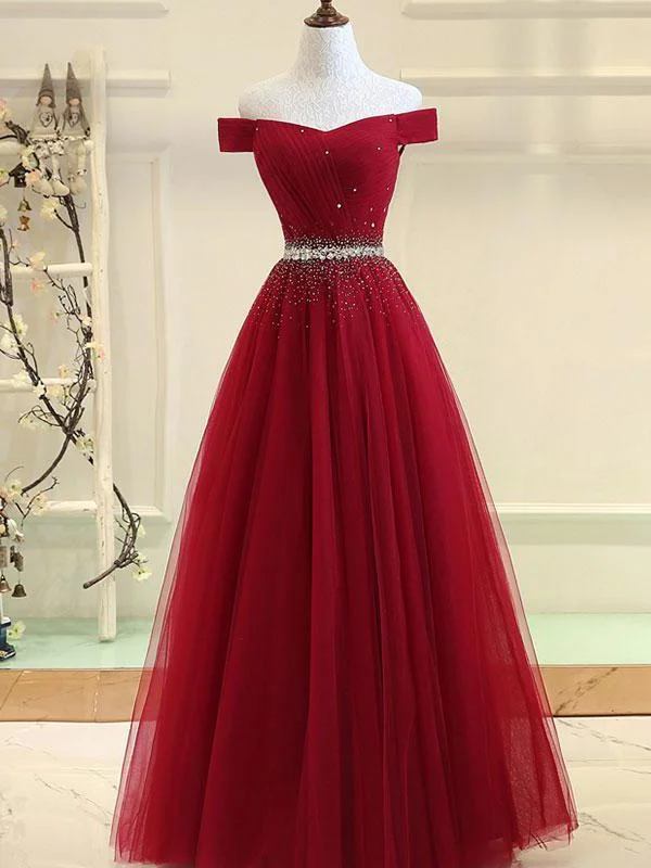 Charming Off Shoulder Beaded Party Dress 2019, A-line Floor Length Party Dress Crew Neckline Sporty Charming Off Shoulder Beaded Party Dress 2019, A-line Floor Length Party Dress Crew Neckline Sporty