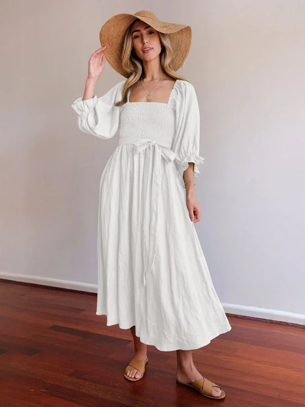 New style rope belt ruffled lantern sleeve dress Crew Neckline Sporty