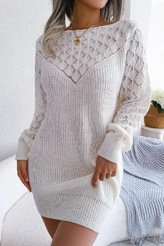 Comfy Long Sleeve Pointelle Crochet Knit Winter Sweater Mini Dress - White Notch Collar Peter Pan Collar Cowl Neck Comfy Long Sleeve Pointelle Crochet Knit Winter Sweater Mini Dress - White Notch Collar Peter Pan Collar Cowl Neck