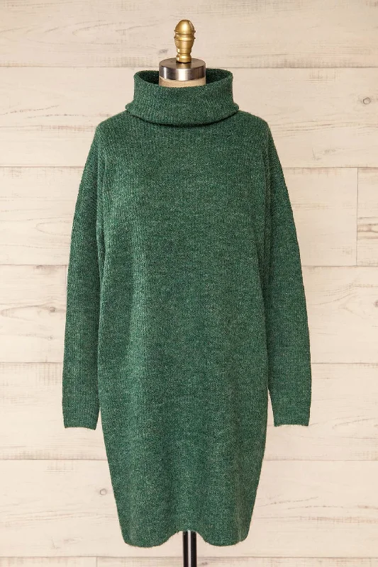Koror Green | Knit Turtleneck Sweater Dress Print Jacquard Patchwork