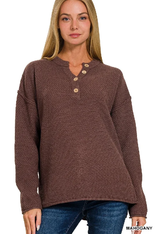 Henley Heaven Mahogany Button Sweater Knit Fabric Woven Fabric Fleece Fabric