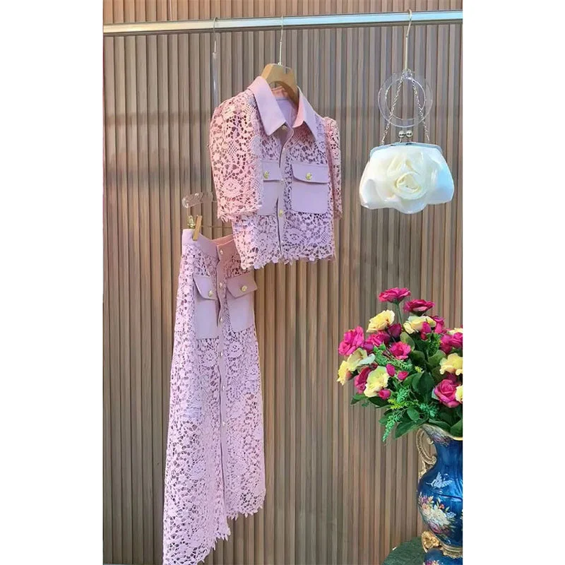 Short-sleeved celebrity style fashionable skirt lace skirt intricate