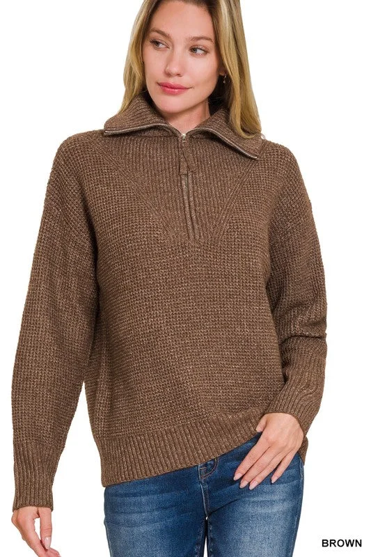 Zip It Up High Collar Brown Sweater (Size Large) Satin Blend Silk Blend Wool Blend