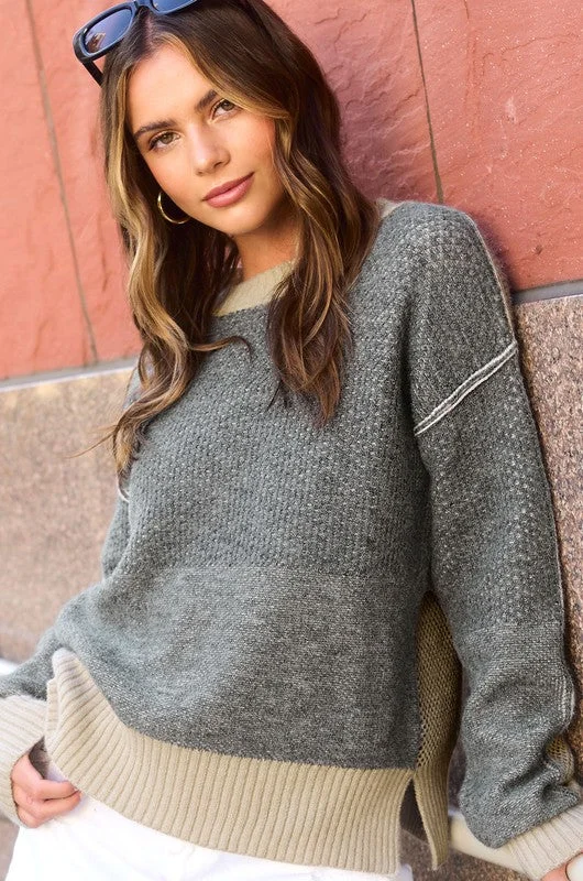 A Cut Above Black Color Block Slit Hem Sweater Turtle Neck Boat Neck Asymmetrical Neck A Cut Above Black Color Block Slit Hem Sweater Turtle Neck Boat Neck Asymmetrical Neck