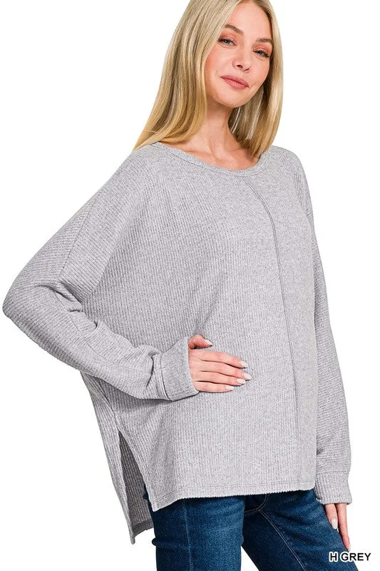 Center Of Attention Heather Grey Ribbed Dolman Sleeve Sweater Soft Cozy Warm