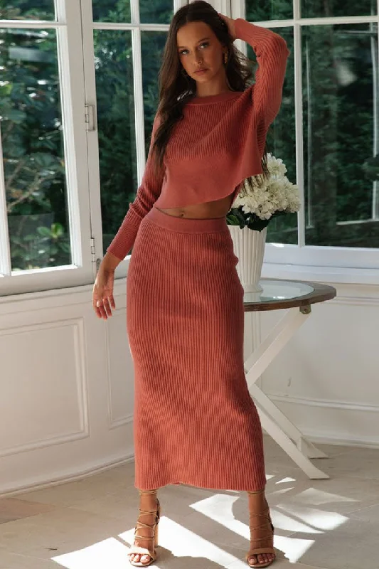 High Waist Rib Long Sleeve Winter Sweater Two Piece Dress - Orange Red Wool Sweater Cotton Sweater Cashmere Sweater
