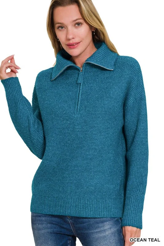 Zip It Up High Collar Ocean Teal Sweater (Size Large) Transparent Opaque Sheer