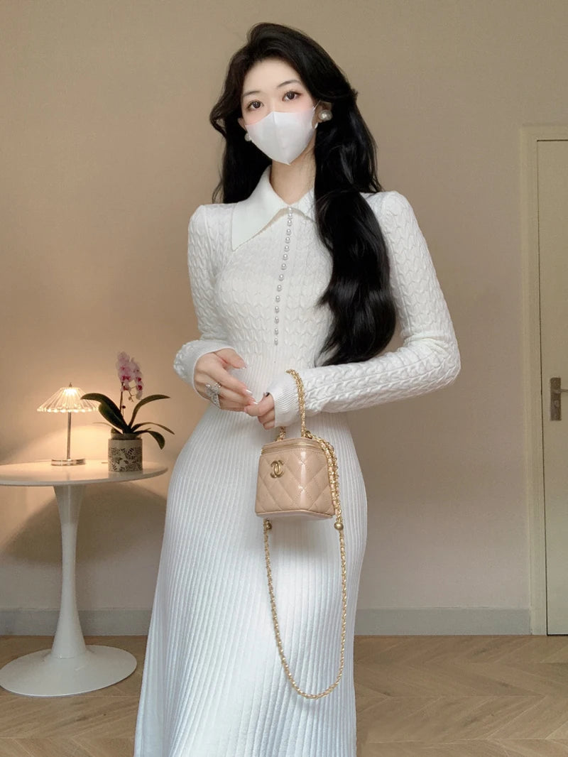 Elegant White Knitted Dresses for Women Autumn Winter Korean Fashion Slim A-line Long Sleeves Sweater Casual Female Clothes Beaded Sweater Sequined Faux Fur Elegant White Knitted Dresses for Women Autumn Winter Korean Fashion Slim A-line Long Sleeves Sweater Casual Female Clothes Beaded Sweater Sequined Faux Fur