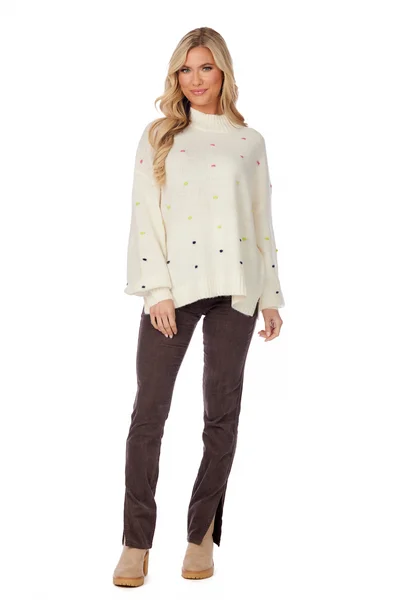 White Novie Pom-Pom Sweater by Mudpie Front Pockets Side Pockets Patch Pockets