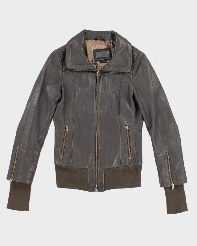 Womens Grey Leather Zip Up Jacket - XS Zippered Jacket Buttoned Jacket Snapped Jacket Womens Grey Leather Zip Up Jacket - XS Zippered Jacket Buttoned Jacket Snapped Jacket