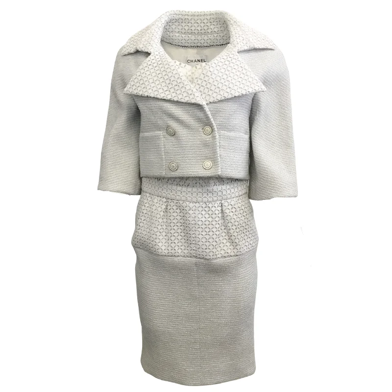 Chanel Grey and White Eyelet Dress with Jacket Knit Fabric Woven Fabric Fleece Fabric Chanel Grey and White Eyelet Dress with Jacket Knit Fabric Woven Fabric Fleece Fabric