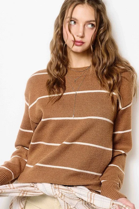 Looking Good Brown Stripe Sweater Top (Size Medium) Spandex Rayon Corduroy