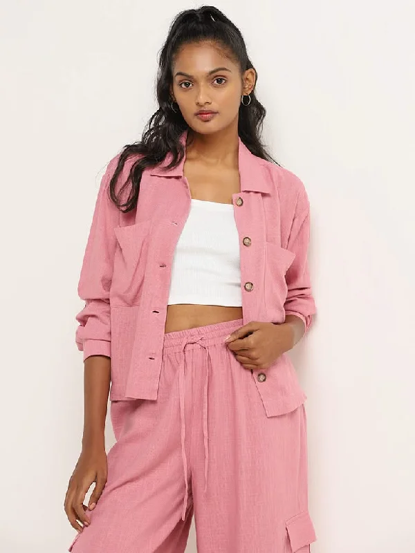 LOV Light Pink Crinkled Blended Linen Jacket Hooded Jacket Caped Jacket Shawl Collar Jacket LOV Light Pink Crinkled Blended Linen Jacket Hooded Jacket Caped Jacket Shawl Collar Jacket