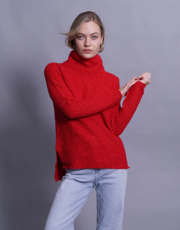 Rib Knit Turtleneck Sweater in Fire Nylon Fabric Polyester Fabric Spandex Fabric