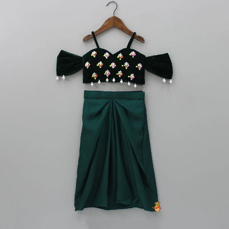 Pre Order: Velvet Green Off Shoulder Top And Dhoti Style Skirt velvet skirt rich