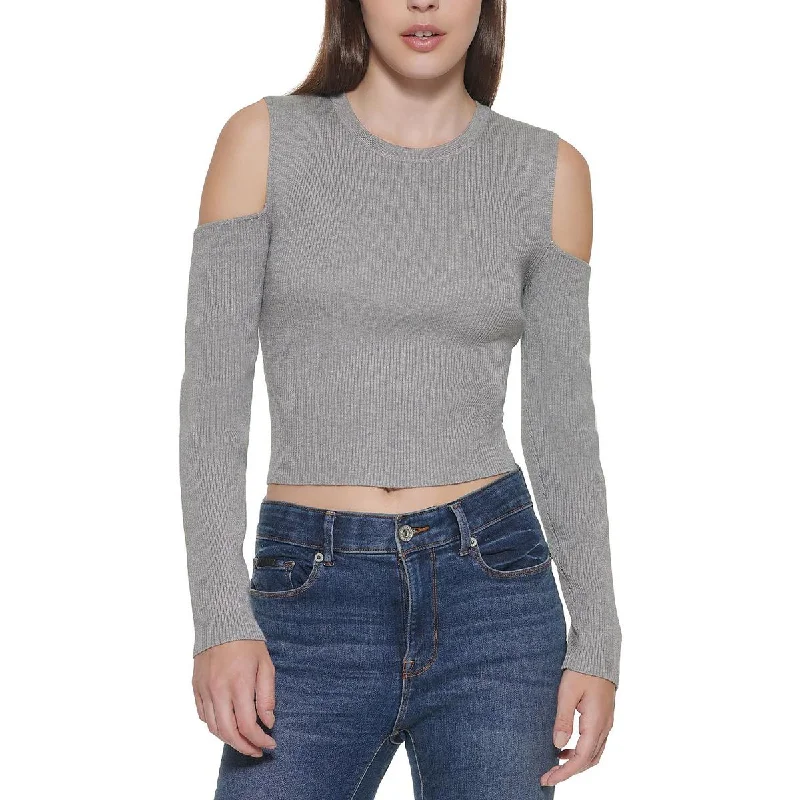 DKNY Jeans Womens Cut-Out Cotton Crewneck Sweater Mesh Blend Leather Blend Suede Blend