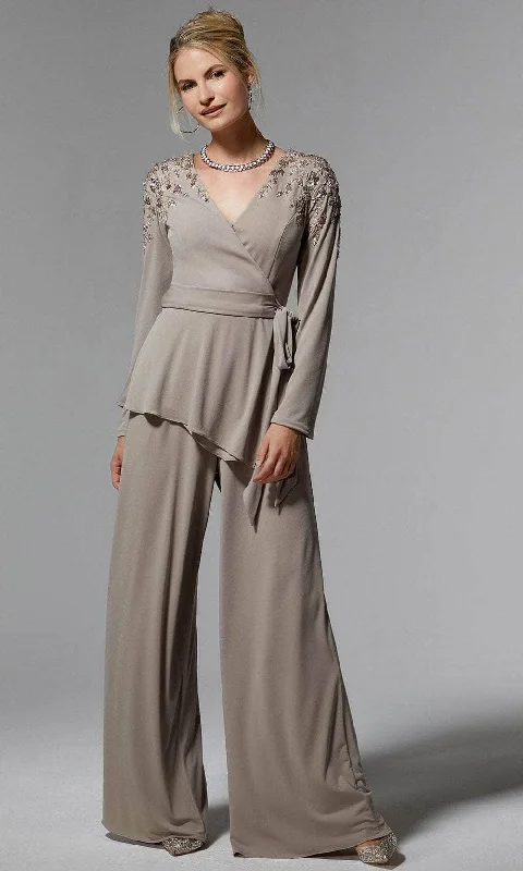 MGNY By Mori Lee 72911 - Long Sleeve Embroidered Pantsuit Lightweight Linen Pants