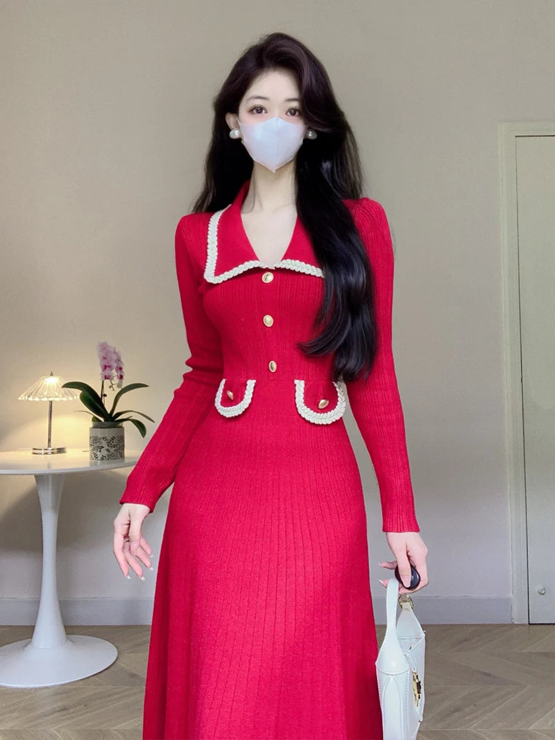 Autumn Winter Vintage Knitted Midi Dresses for Women Elegant Fashion Turn Down Collar Long Sleeves Sweater Female Clothing Lightweight Heavyweight Midweight Autumn Winter Vintage Knitted Midi Dresses for Women Elegant Fashion Turn Down Collar Long Sleeves Sweater Female Clothing Lightweight Heavyweight Midweight