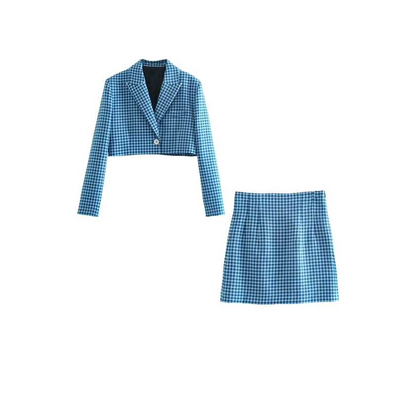 Women's suits European and American style plaid short casual suit jacket + skirt 2-piece set Zip Front Button Front Snap Front Women's suits European and American style plaid short casual suit jacket + skirt 2-piece set Zip Front Button Front Snap Front