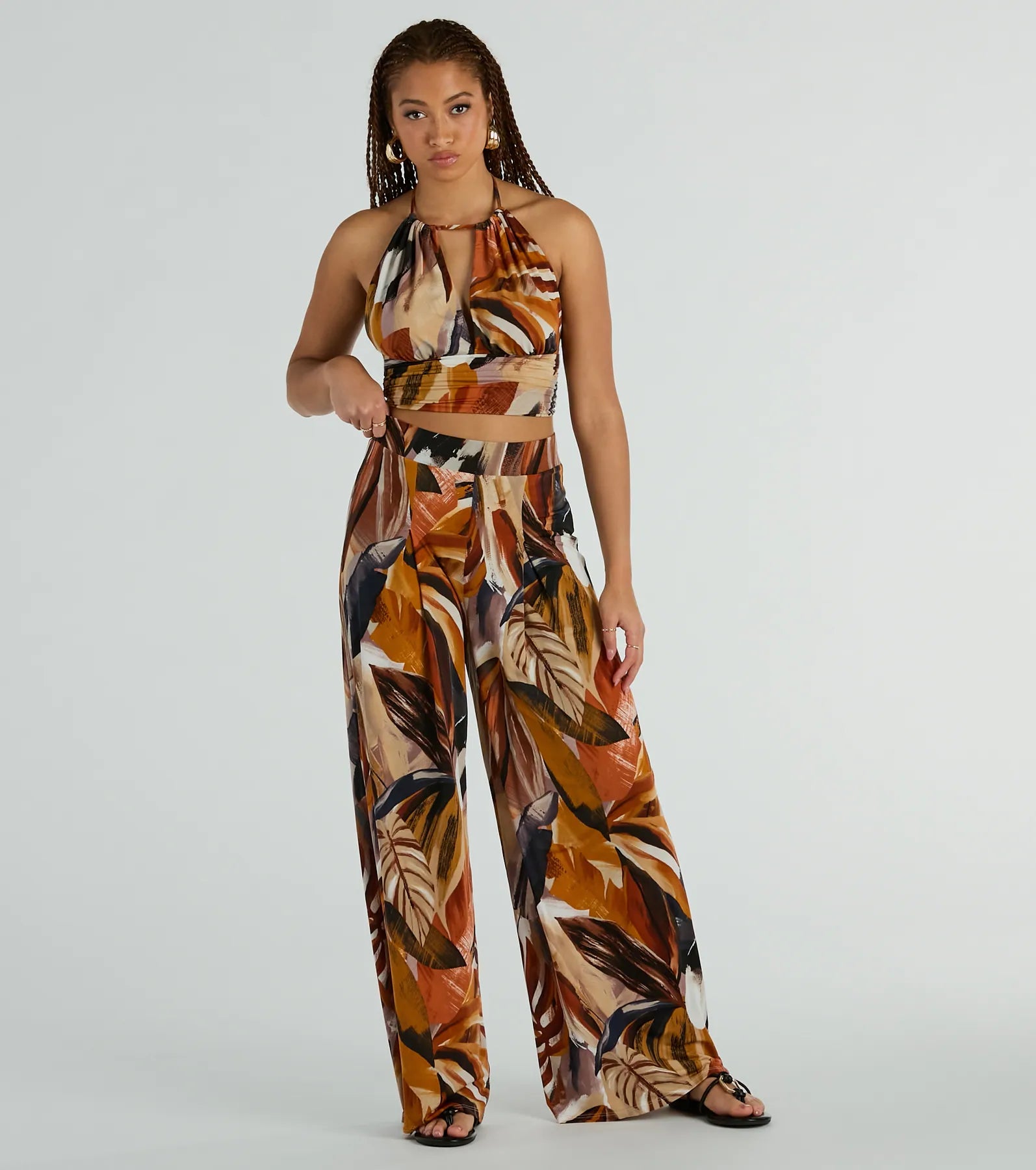 Vacay Ready Tropical Knit Wide-Leg Pants Fashionable Tapered Leg Pants
