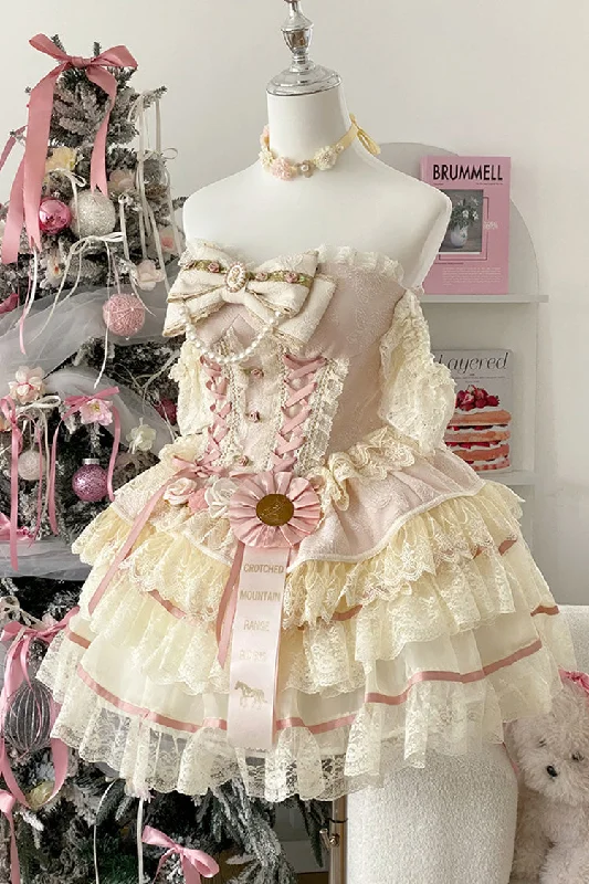 Pink [Sweet Tea Rose Dew] Triple-Layered Ruffle Bowknot Lace Gorgeous Sweet Lolita Skirt ribbed skirt waist