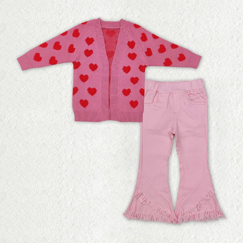 Baby Girl Long Sleeves Valentines Hearts Cardigan Sweater Pink Denim Pants Set Soft Cotton Pants Baby Girl Long Sleeves Valentines Hearts Cardigan Sweater Pink Denim Pants Set Soft Cotton Pants
