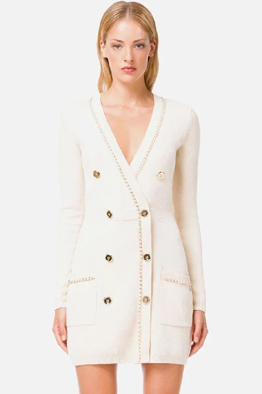 Chained Deep V Long Sleeve Buttoned Sweater Mini Dress - Cream Mesh Fabric Canvas Fabric Denim Fabric Chained Deep V Long Sleeve Buttoned Sweater Mini Dress - Cream Mesh Fabric Canvas Fabric Denim Fabric